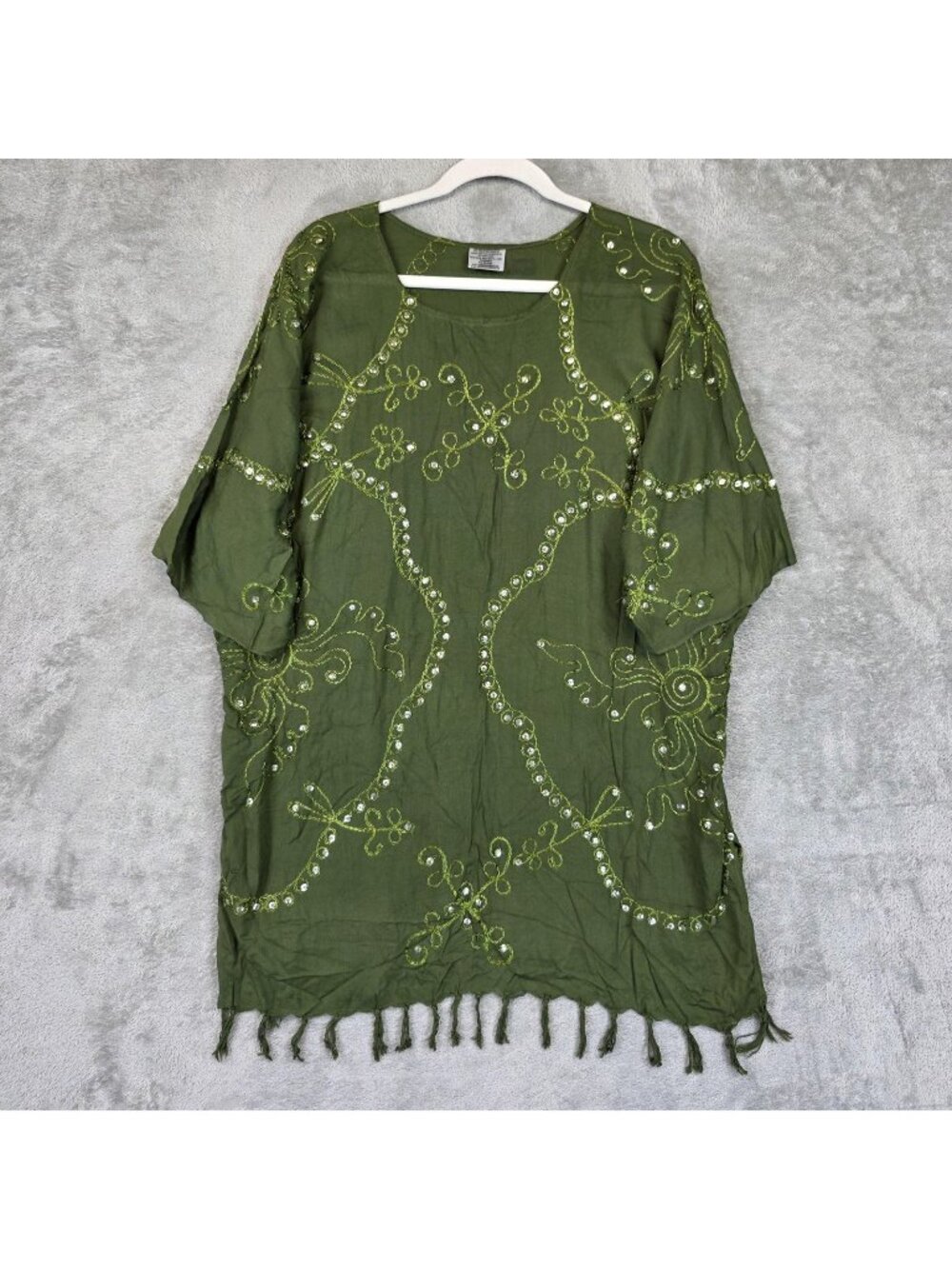 Ucho Bali Cover-Up Womens One Size Green Embroidered Sequin Fringe Boho